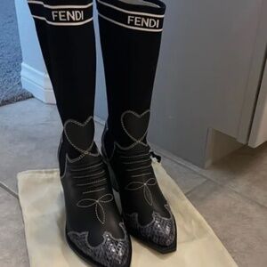 AUTH FENDI New Cowboy Sock Boot Leather Snakeskin Size 38